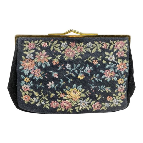 West Germany Floral Tapestry Clutch Purse Kiss Lock Mirror Comb Set Vintage READ - Picture 3 of 16